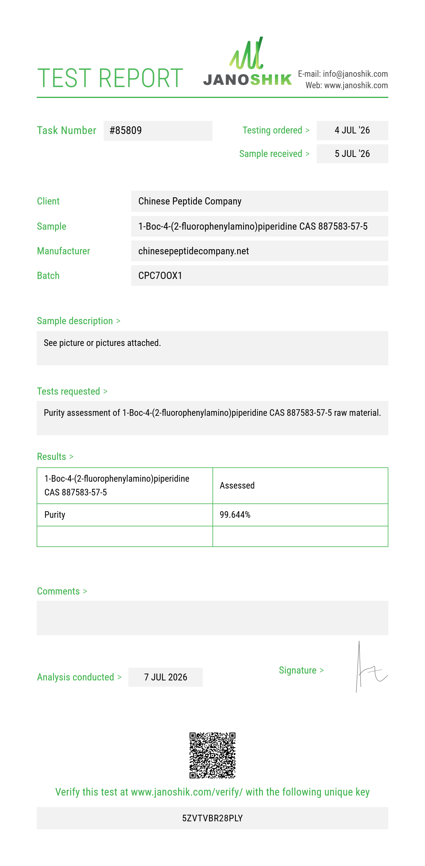 1-Boc-4-(2-fluorophenylamino)piperidine CAS 887583-57-5 Purity (HPLC) report by Janoshik Analytical
