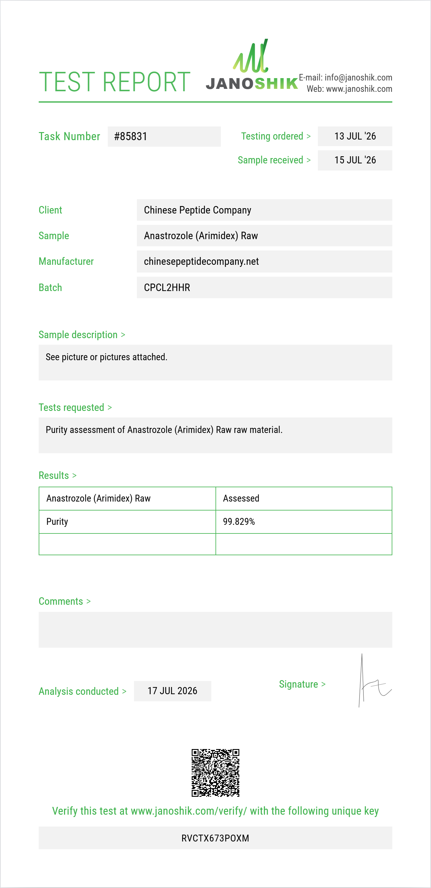 Anastrozole (Arimidex) Raw Purity (HPLC) report by Janoshik Analytical