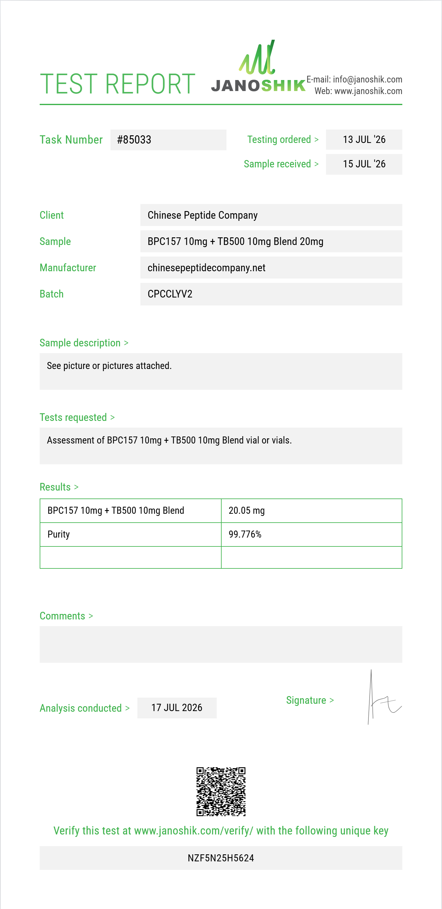 BPC157 10mg + TB500 10mg Blend Purity (HPLC) report by Janoshik Analytical