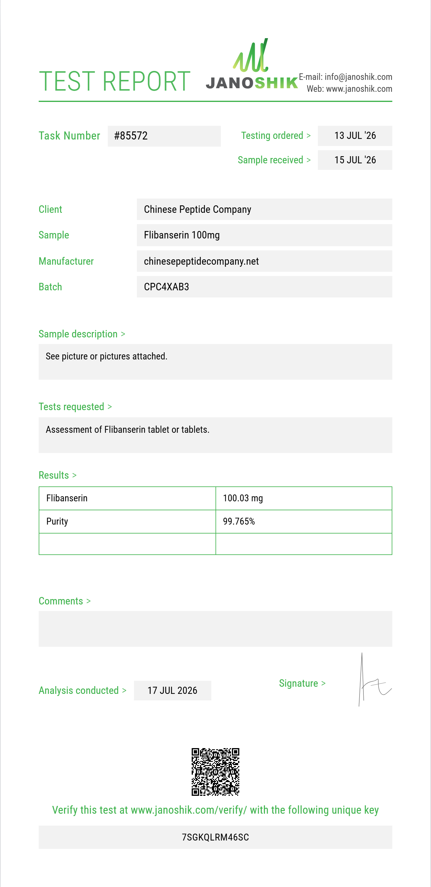 Flibanserin Purity (HPLC) report by Janoshik Analytical