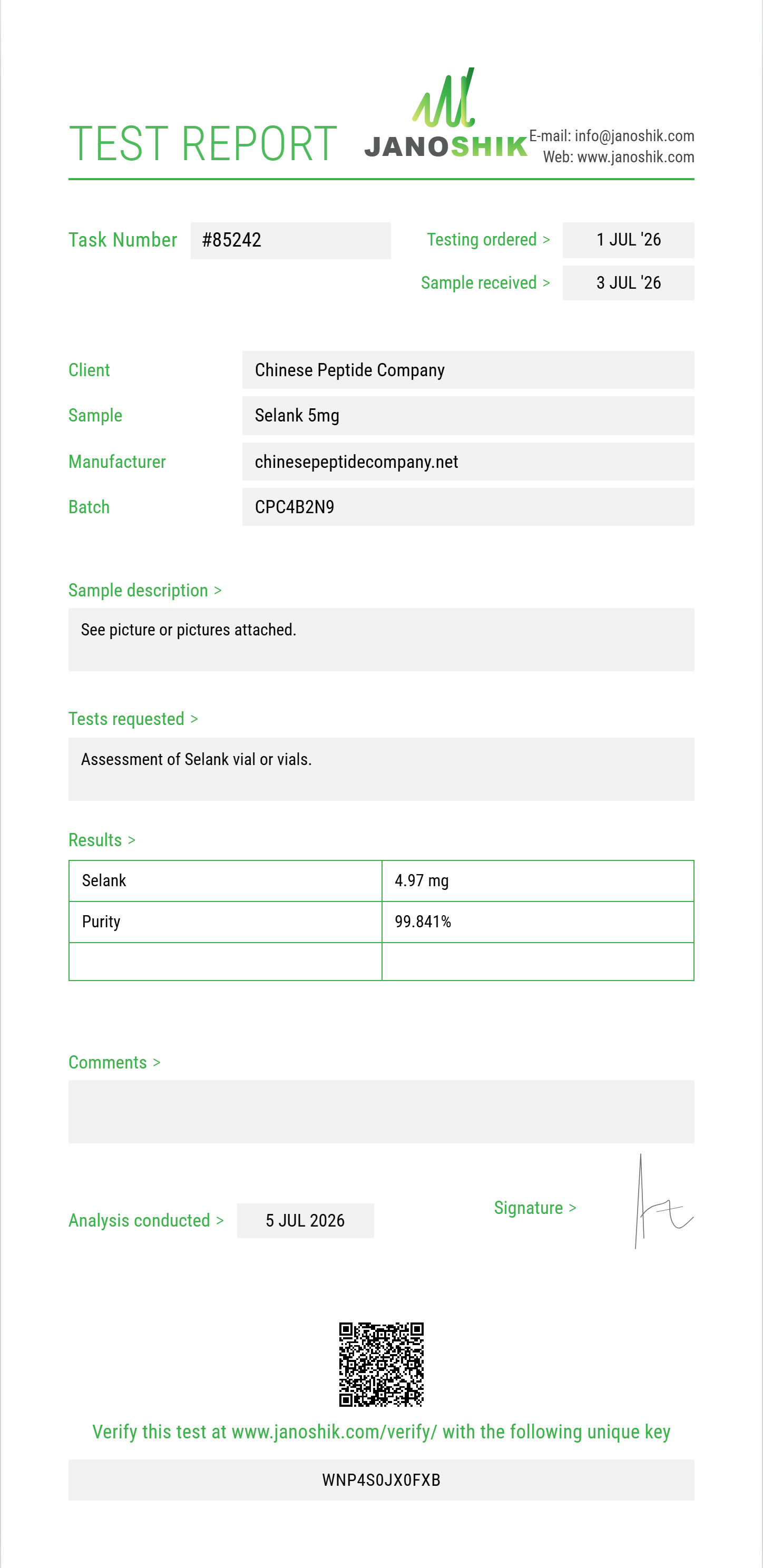 Selank Purity (HPLC) report by Janoshik Analytical