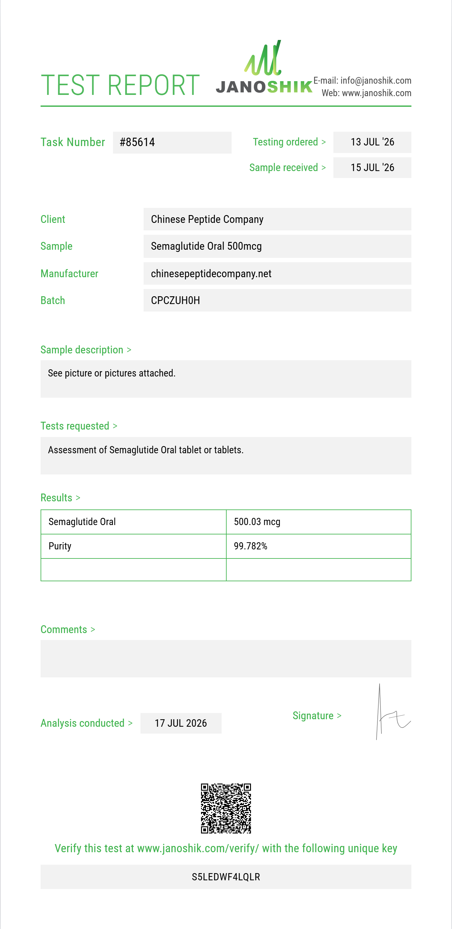 Semaglutide Oral Purity (HPLC) report by Janoshik Analytical