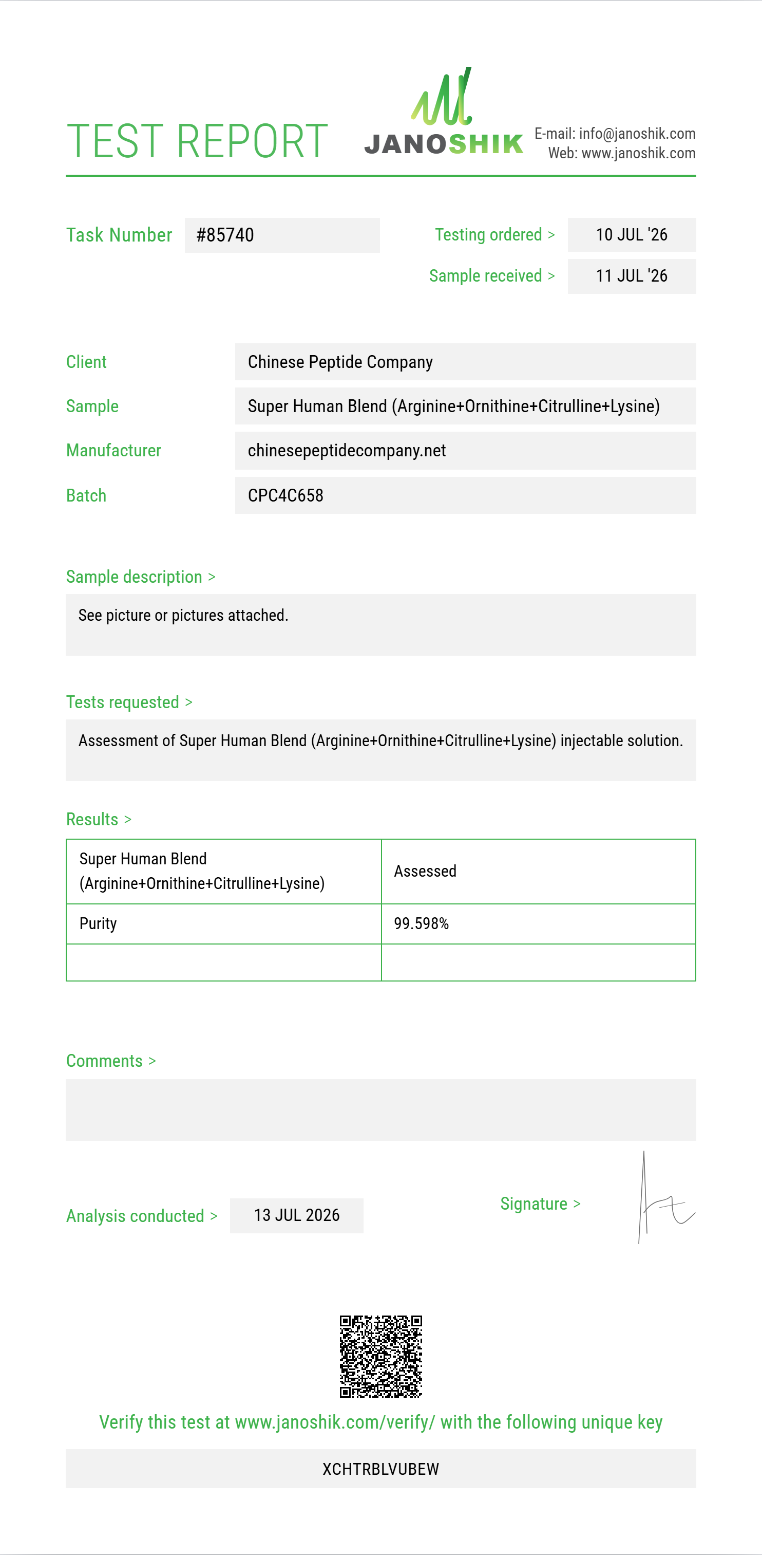 Super Human Blend (Arginine+Ornithine+Citrulline+Lysine+Glutamine+Proline+Taurine+Carnitine+NAC) Purity (HPLC) report by Janoshik Analytical
